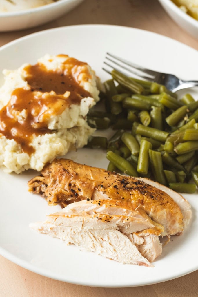 Best Rotisserie Chicken Recipe with mash potatoes and green beans.